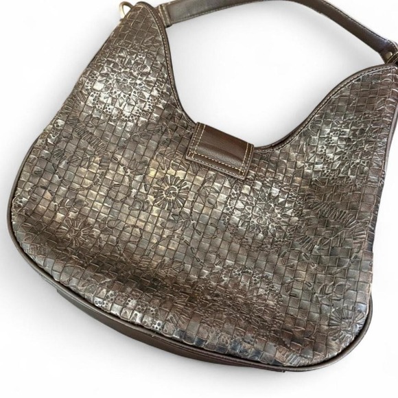 Y2K Boho Western Woven Leather Buckle Bag Brown Silver Hardware Grunge Vintage - Picture 4 of 6